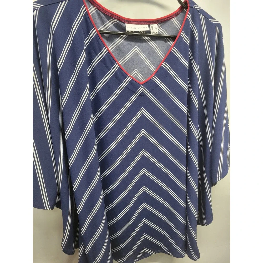 Susan Graver Women Liquid Knit‎ Red Stripe V Neck Kaftan Top Bat Wing Sleeve M/L